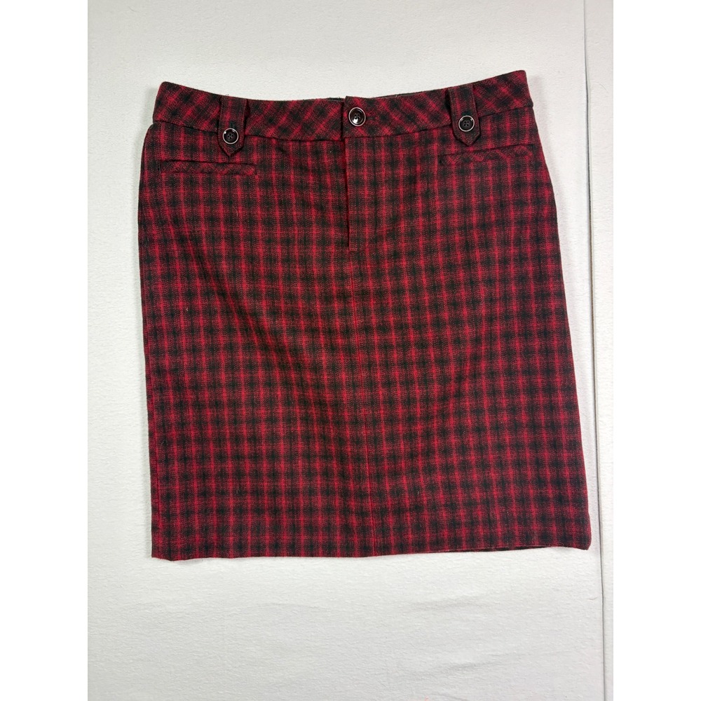Eddie Bauer Womens Red Black Plaid Wool Blend Pencil Skirt Tall 10 Workwear